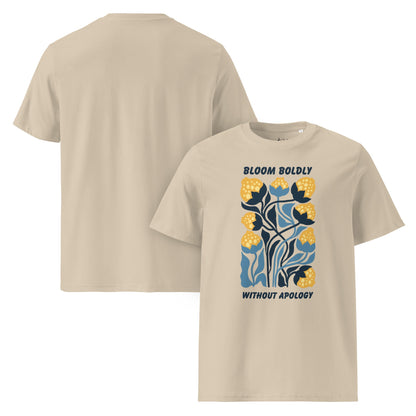 T-Shirt mit „Bloom Boldly Without Apology“ Print – Unisex Shirt aus 100 % Baumwolle (Bio) | Retro Florales Statement - YogaStylz