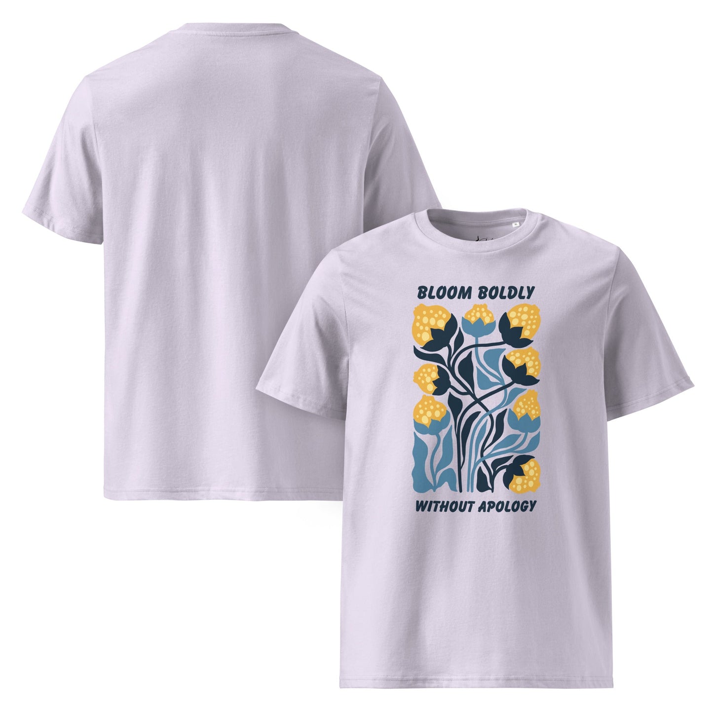 T-Shirt mit „Bloom Boldly Without Apology“ Print – Unisex Shirt aus 100 % Baumwolle (Bio) | Retro Florales Statement - YogaStylz
