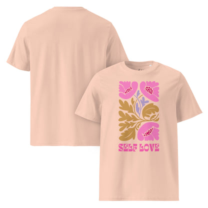 T-Shirt mit „Self Love“ Print – Florales Unisex Shirt aus 100 % Baumwolle (Bio) | Retro Achtsamkeit & Nachhaltigkeit - YogaStylz