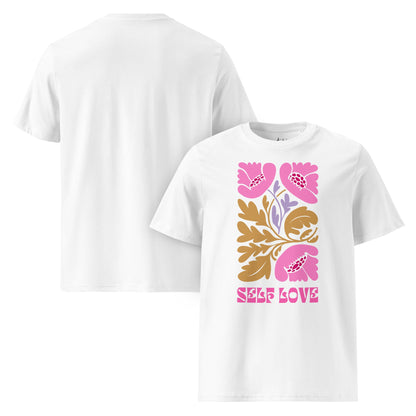 T-Shirt mit „Self Love“ Print – Florales Unisex Shirt aus 100 % Baumwolle (Bio) | Retro Achtsamkeit & Nachhaltigkeit - YogaStylz