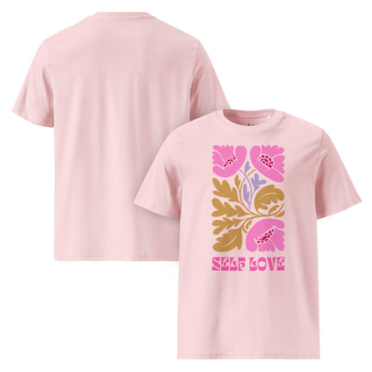 T-Shirt mit „Self Love“ Print – Florales Unisex Shirt aus 100 % Baumwolle (Bio) | Retro Achtsamkeit & Nachhaltigkeit - YogaStylz