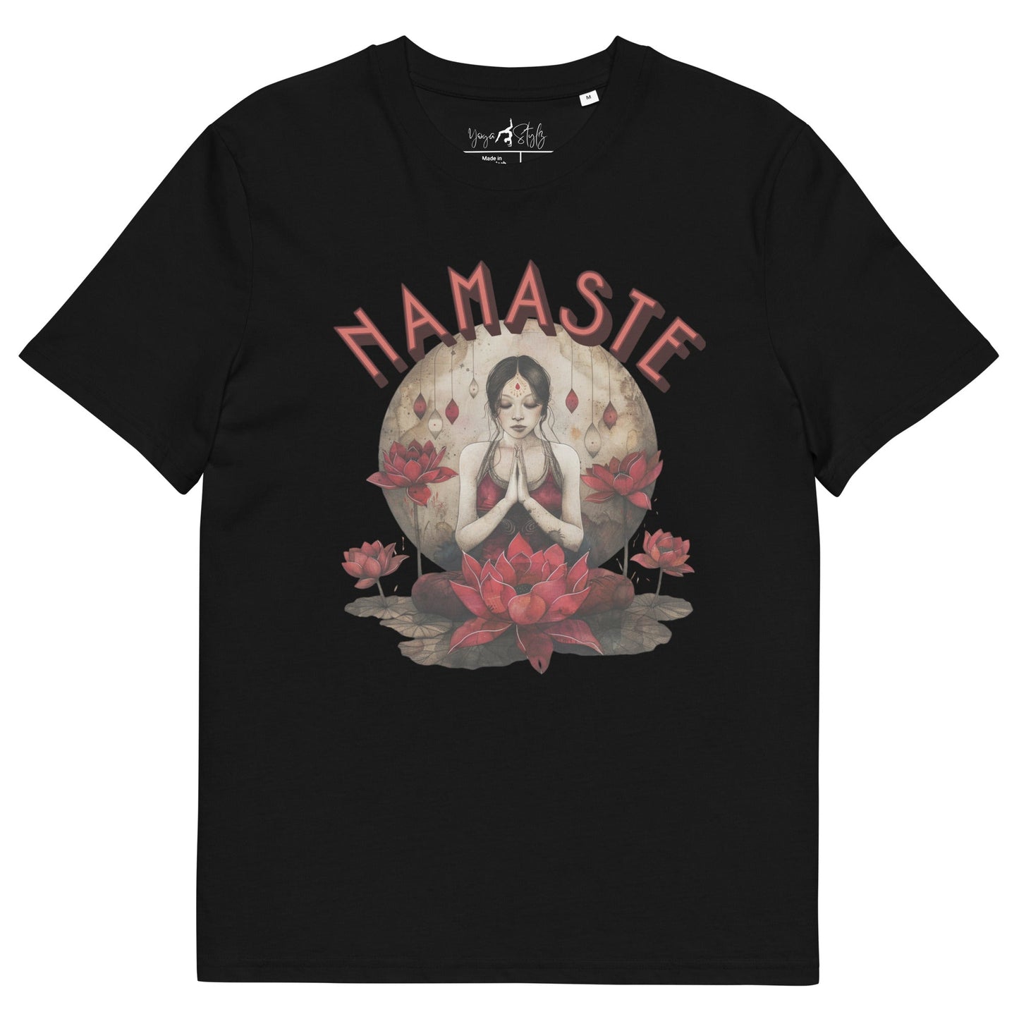 Unisex - Bio - Baumwoll - T-Shirt mit meditierender Frau & Rosen - YogaStylz