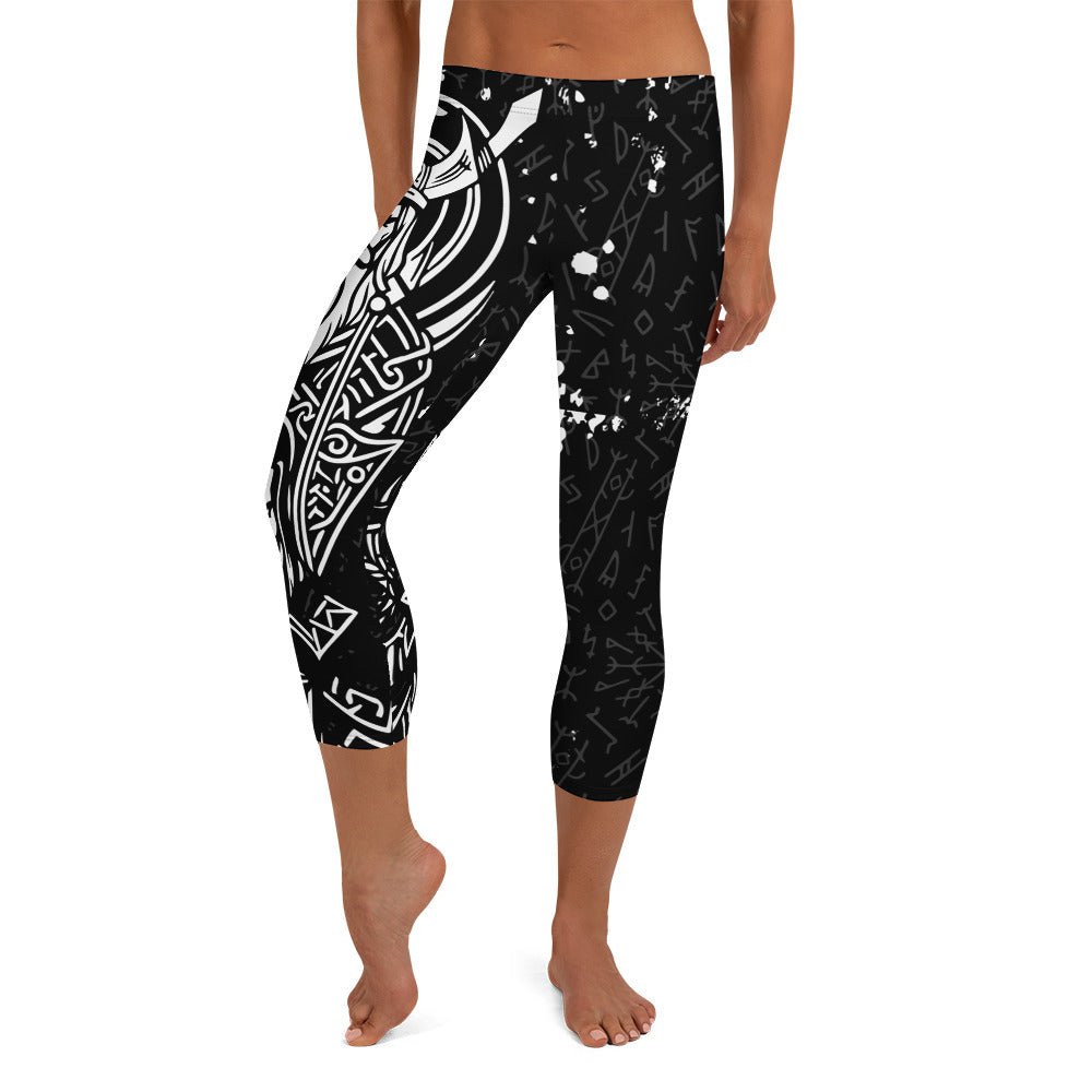 Viking Leggings Schwarz - Weiß – Krieger - Design mit Runen & nordischer Mythologie | Stretch Activewear Damen – Stark & Stilvoll - YogaStylz