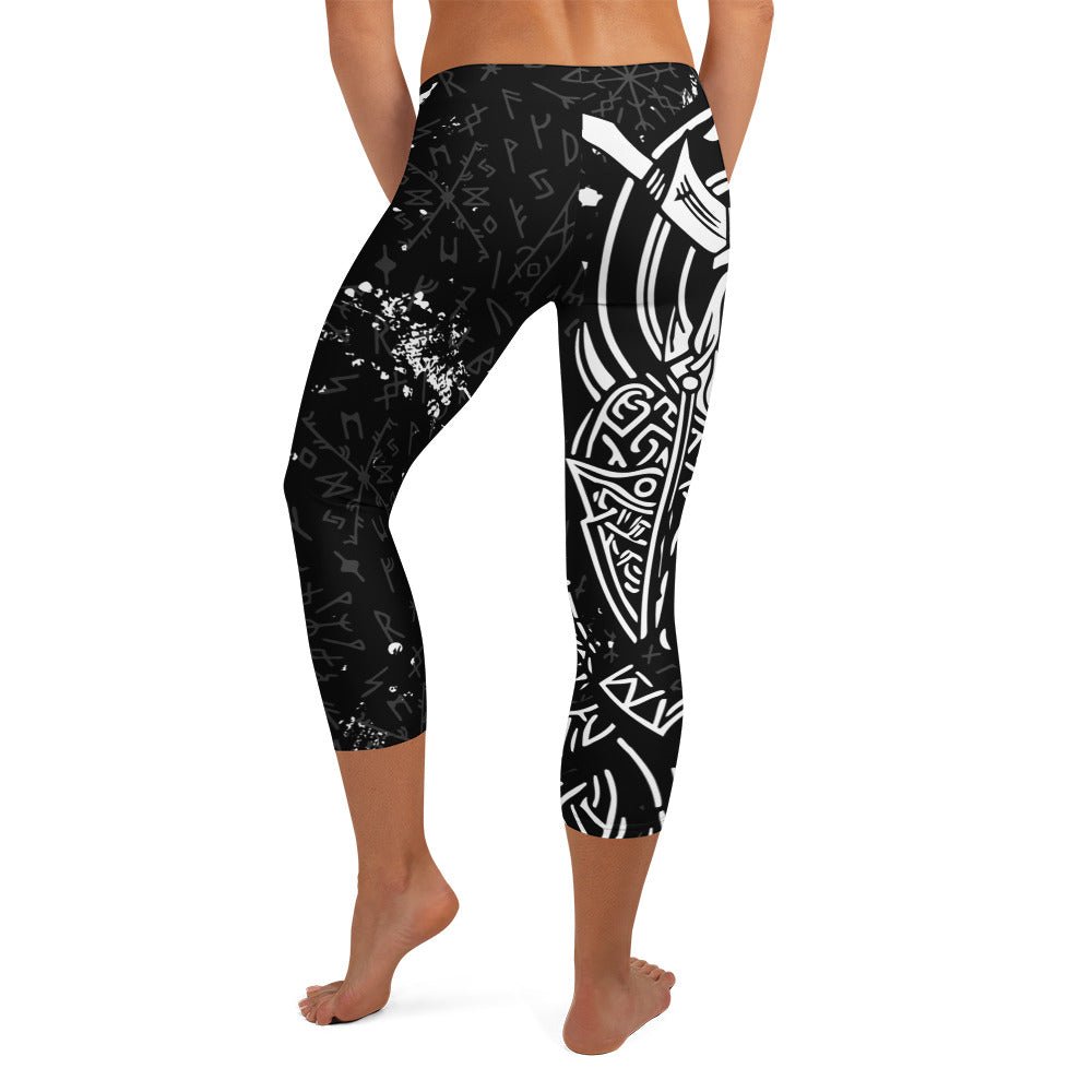 Viking Leggings Schwarz - Weiß – Krieger - Design mit Runen & nordischer Mythologie | Stretch Activewear Damen – Stark & Stilvoll - YogaStylz