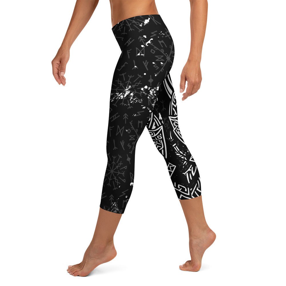 Viking Leggings Schwarz - Weiß – Krieger - Design mit Runen & nordischer Mythologie | Stretch Activewear Damen – Stark & Stilvoll - YogaStylz