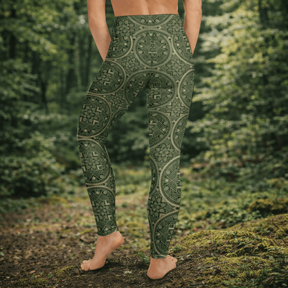 Yoga Leggings Olivgrün – Geometrisches Muster, hoher Bund, 4 - Wege - Stretch - YogaStylz
