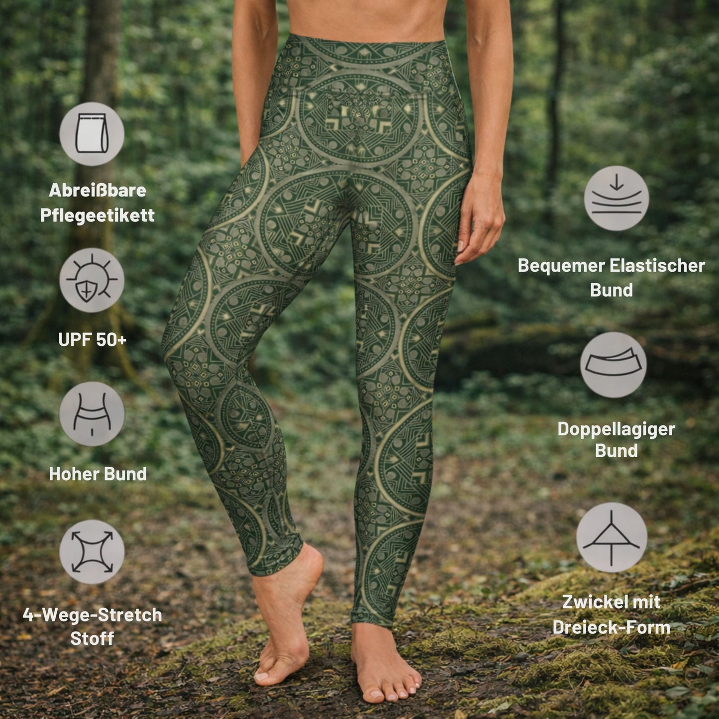 Yoga Leggings Olivgrün – Geometrisches Muster, hoher Bund, 4 - Wege - Stretch - YogaStylz