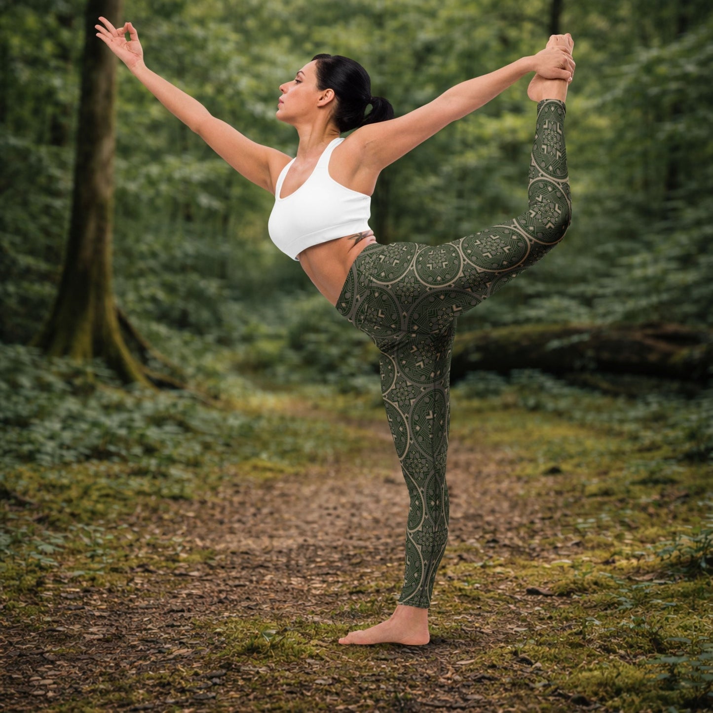 Yoga Leggings Olivgrün – Geometrisches Muster, hoher Bund, 4 - Wege - Stretch - YogaStylz