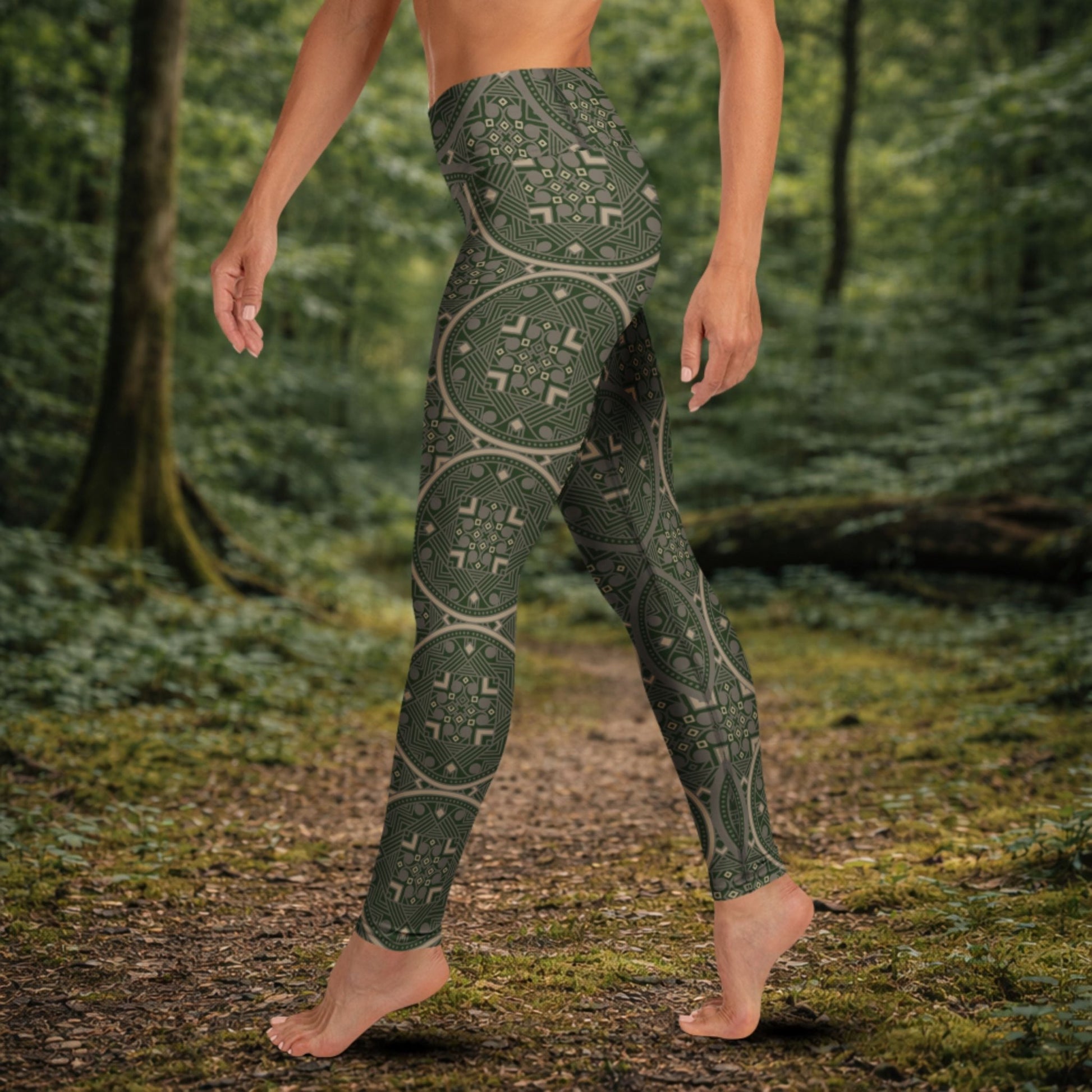 Yoga Leggings Olivgrün – Geometrisches Muster, hoher Bund, 4 - Wege - Stretch - YogaStylz
